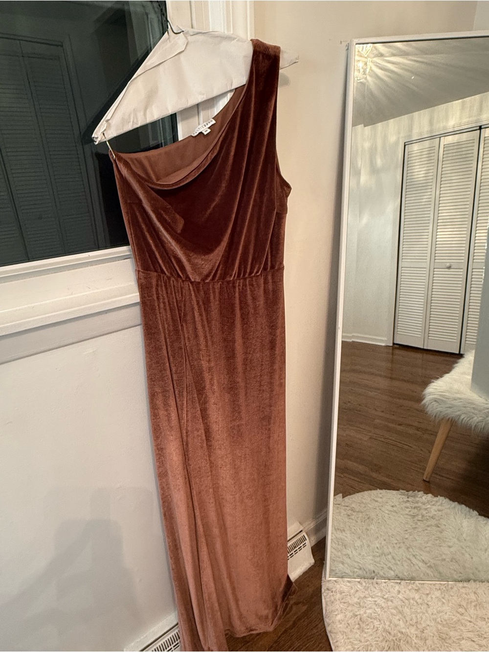 Baltic Born One-Shoulder Velvet Maxi Dress in Rust Brown